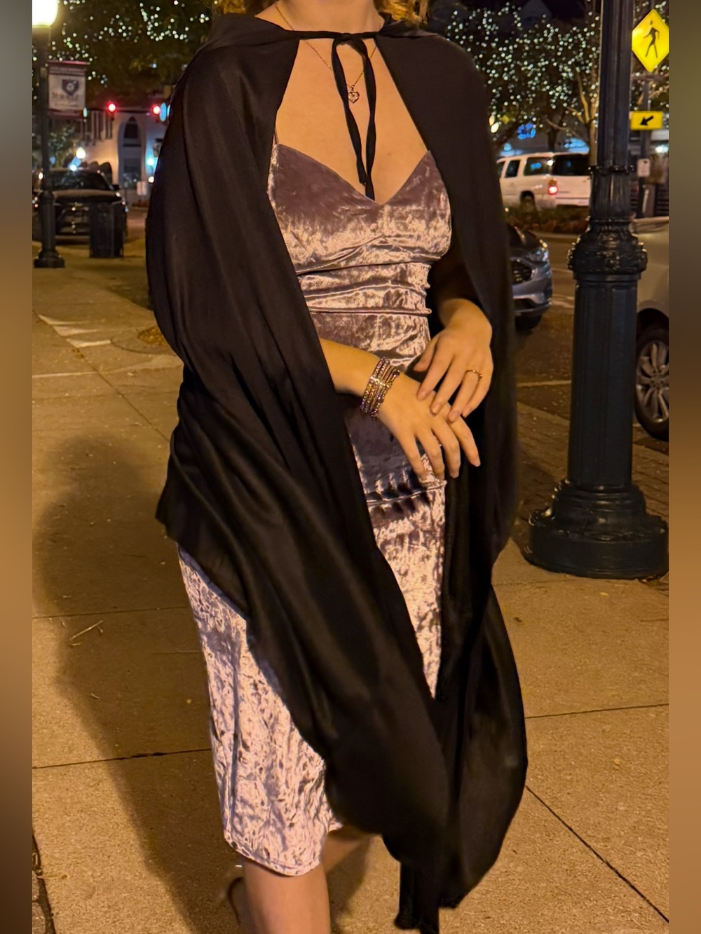 Revamped Velvet Midi Dress in Light Purple with Black Cape